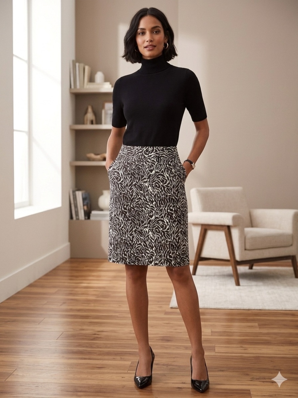 LOFT Black & White Abstract Print Pencil Skirt